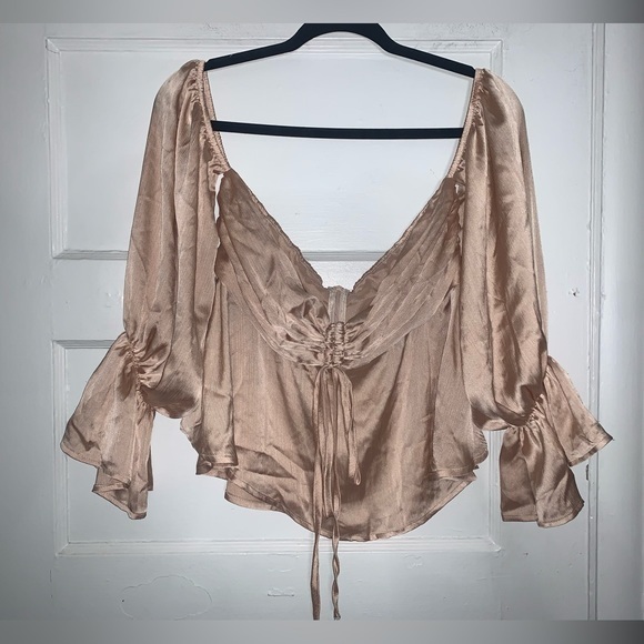 shein beige babydoll cropped off‎ the shoulder blouse size large - Picture 1 of 7